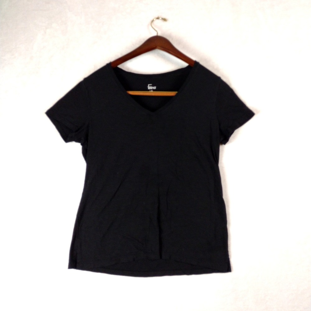 Felina Womens Black V-Neck Short Sleeve T-Shirt Size Large Basic Tee